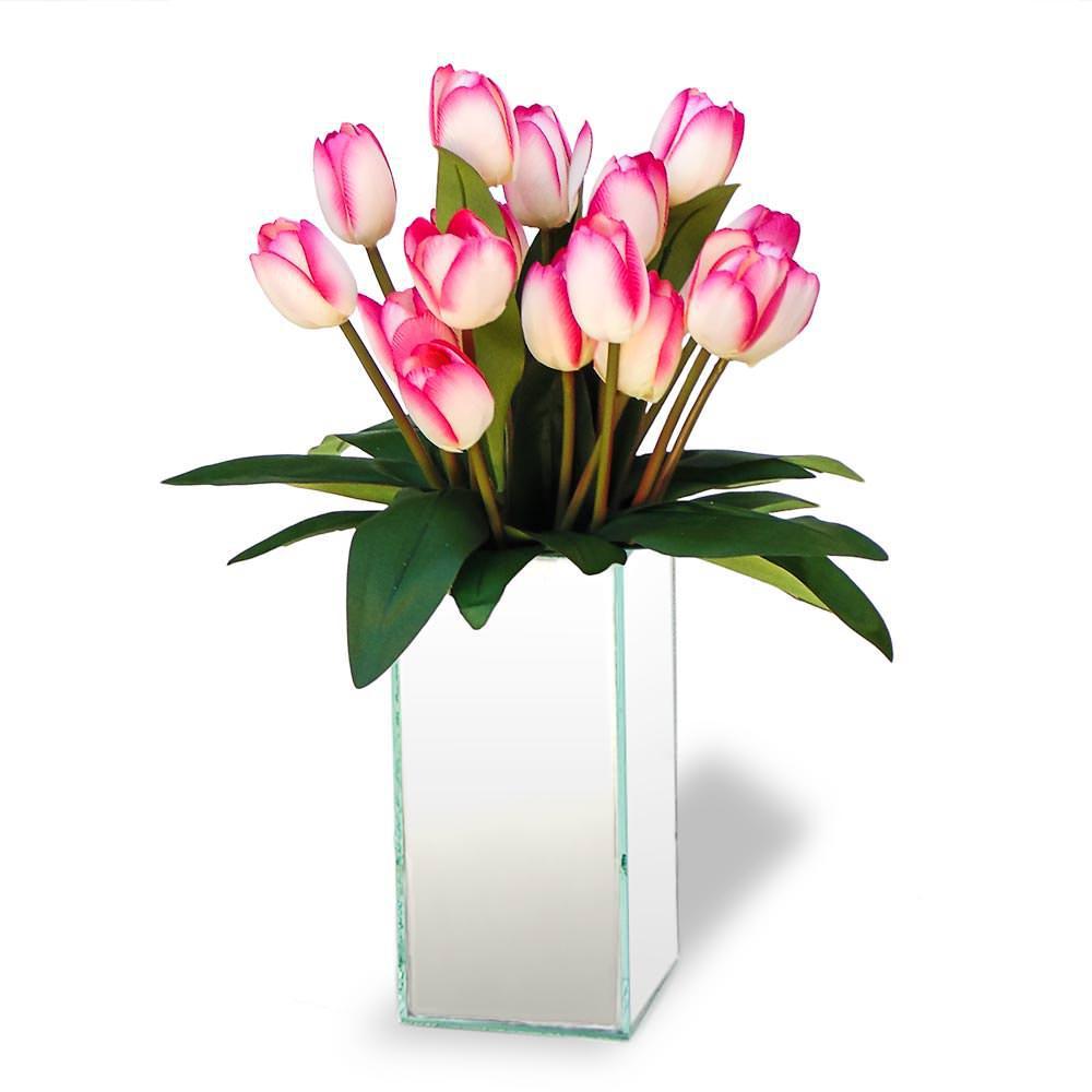 Arranjo De Flores Artificiais Tulipas Rosas No Vaso De Vidro Espelhado Retangular 40x15cm é bom? Vale a pena?
