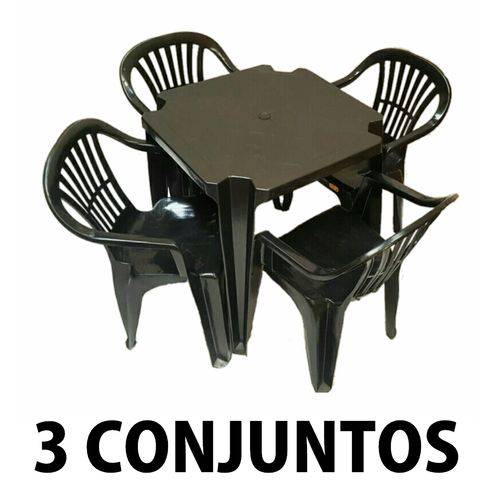 Conjunto Mesa e 4 Cadeiras Poltrona Plastico Preto 3 Conjuntos é bom? Vale a pena?
