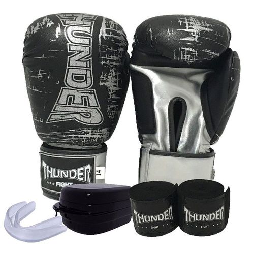 Kit Boxe / Muay Thai / Kickboxing - Luva 14 Oz Preta com Prata + Bandagem + Protetor Bucal - Thunder Fight - Ref 986 é bom? Vale a pena?