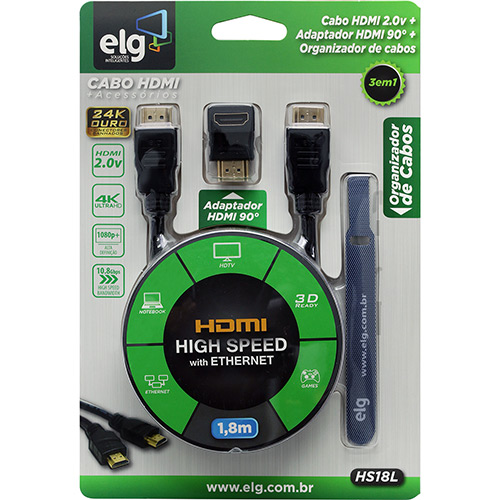 Kit HDMI - Cabo HDMI High Speed 1,8m + Adaptador HDMI 90° + Organizador de Cabos Tipo Velcro - Hs18l - ELG é bom? Vale a pena?