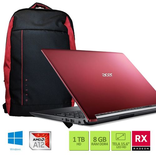 Kit: Notebook Acer A515-41G-1480 AMD A12 8GB RAM 1TB HD Radeon RX 540 com 2GB 15.6" Win10 + Mochila Nitro é bom? Vale a pena?