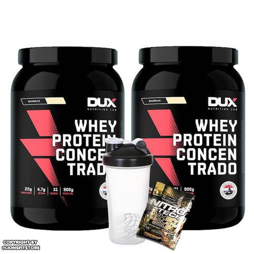 Kit 2x Whey Protein Concentrado 900g - Dux Nutrition + Coqueteleira + Dose de Suplemento é bom? Vale a pena?