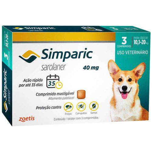 Antipulgas Zoetis Simparic 40 Mg para Cães 10,1 a 20 Kg - 3 Comprimidos é bom? Vale a pena?