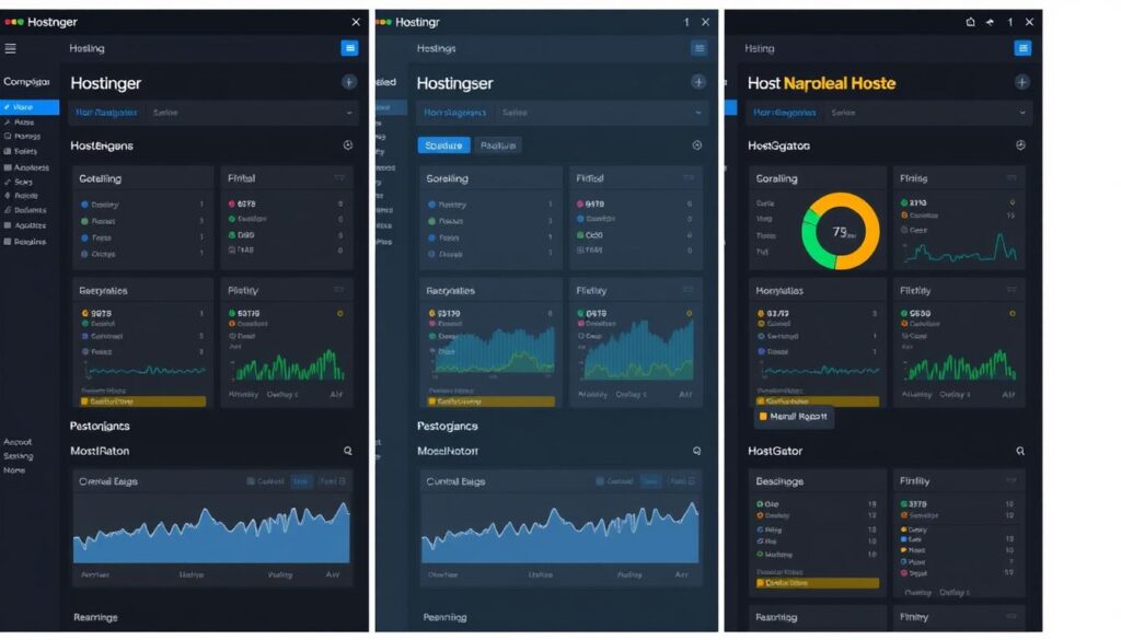 Comparação visual entre as interfaces de hospedagem de domínio Hostinger, Napoleon Host e HostGator