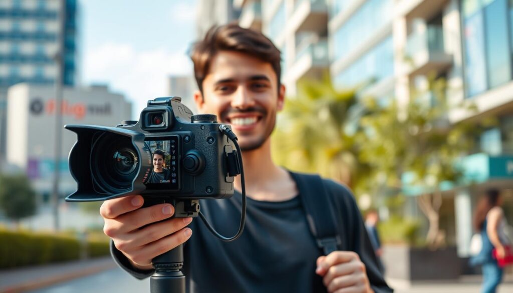 Criador de conteúdo gravando vlog com câmera profissional