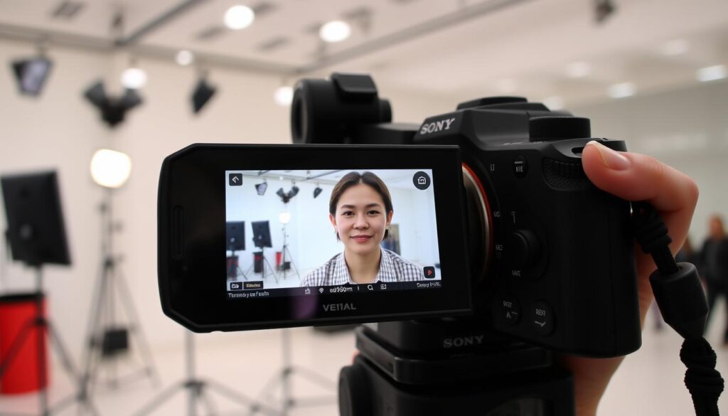 Criador de conteúdo usando a Sony Alpha ZV-E10L para gravar vlog com a tela articulada