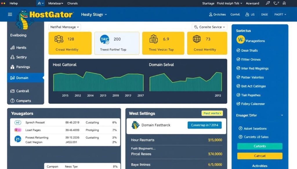 Dashboard da HostGator mostrando ferramentas de gerenciamento e monitoramento de hospedagem de domínio