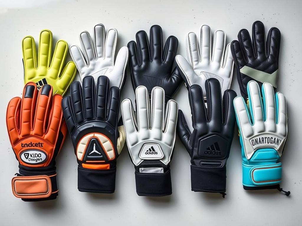 Diferentes tipos de luvas de goleiro lado a lado mostrando variações de design e materiais