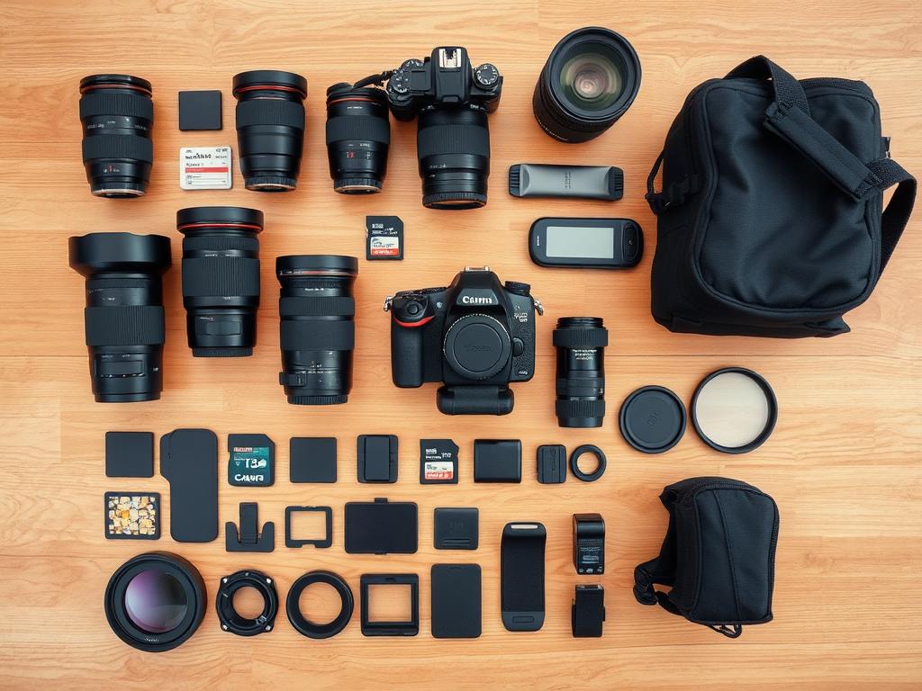 Equipamento fotográfico profissional incluindo câmera, lentes e acessórios