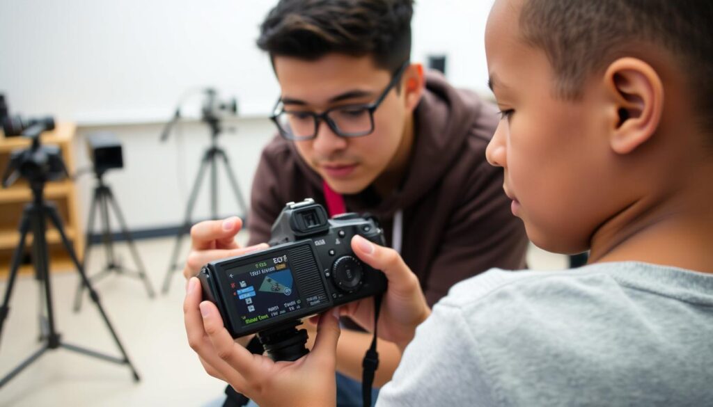 Estudante aprendendo fotografia com câmera Canon EOS Rebel T7