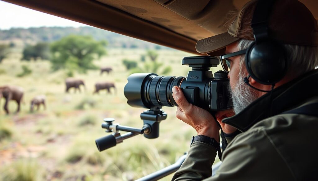 Fotógrafo capturando animais selvagens com teleobjetiva