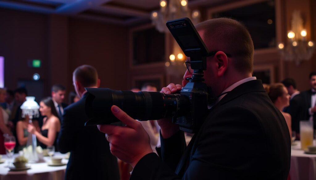 Fotógrafo capturando evento social com câmera profissional