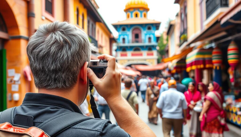 Fotógrafo capturando paisagem durante viagem com câmera compacta