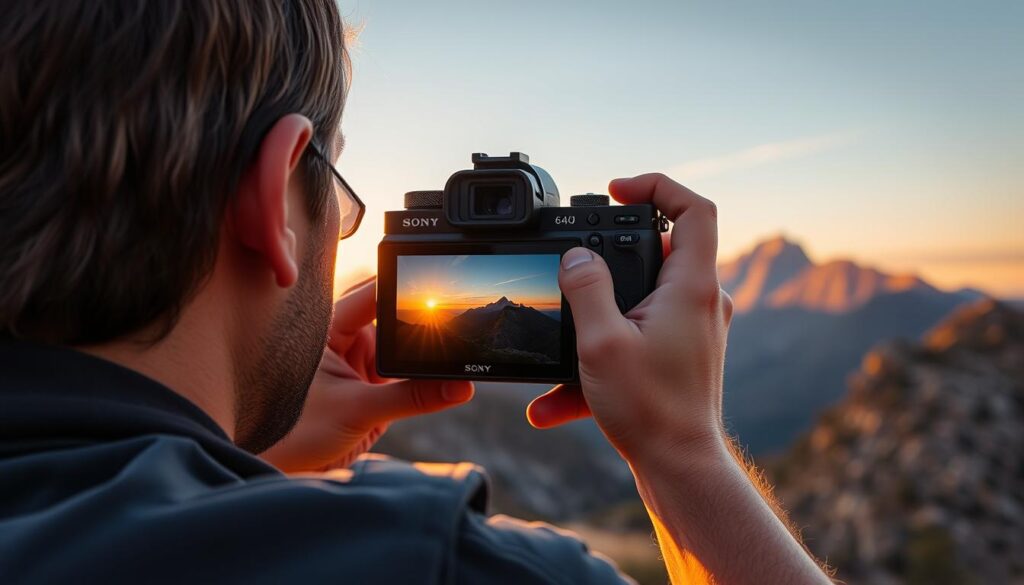 Fotógrafo usando a câmera Sony Alpha 6400 para fotografar paisagem ao pôr do sol