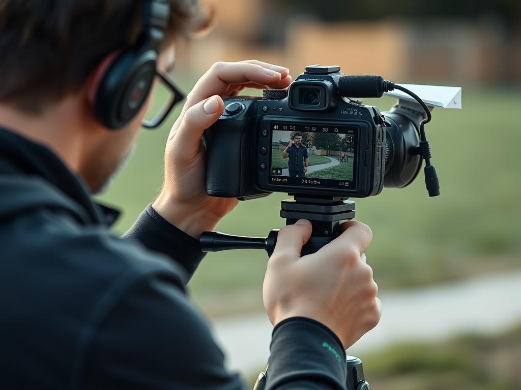 Fotógrafo usando câmera profissional para gravação de vídeo em 4K