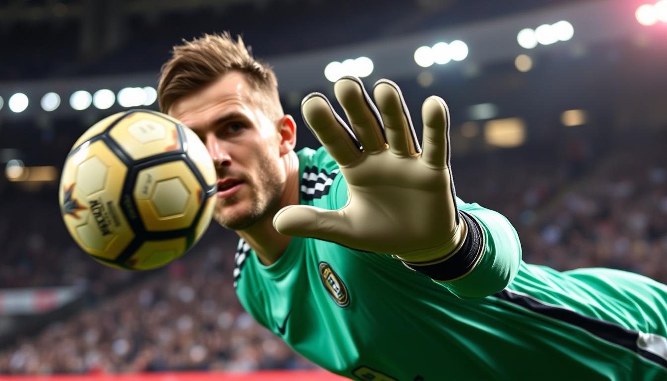 Goleiro usando luvas profissionais durante uma defesa em partida de futebol