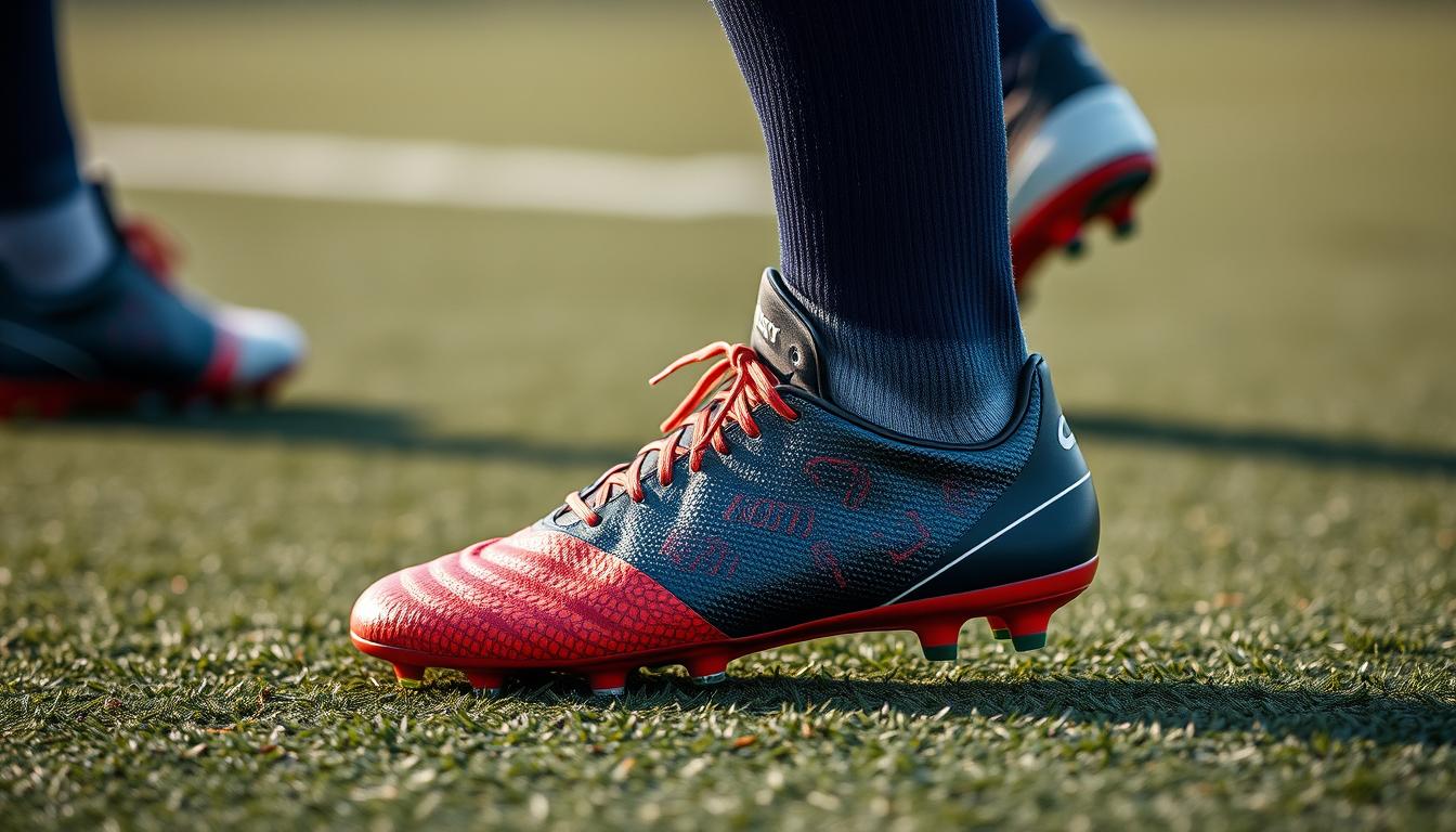 Jogador usando chuteira society em campo sintético