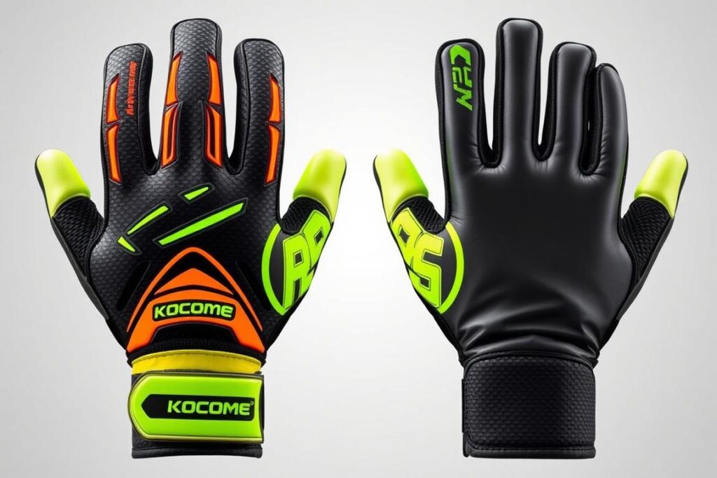 Luvas de goleiro Kocome com detalhes fluorescentes e design moderno