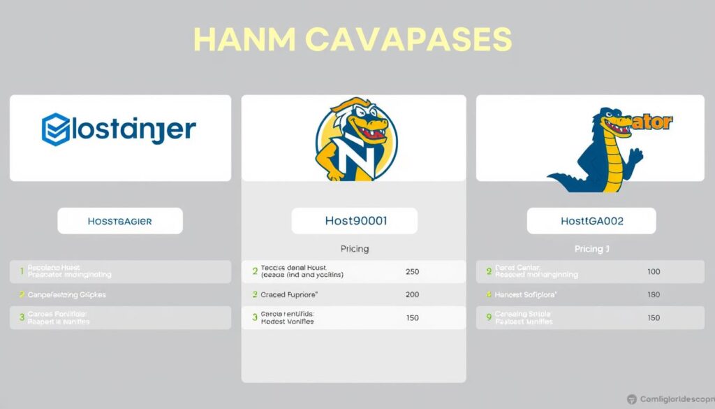 Representação visual da comparação de hospedagens de domínio Hostinger, Napoleon Host e HostGator com suas principais características