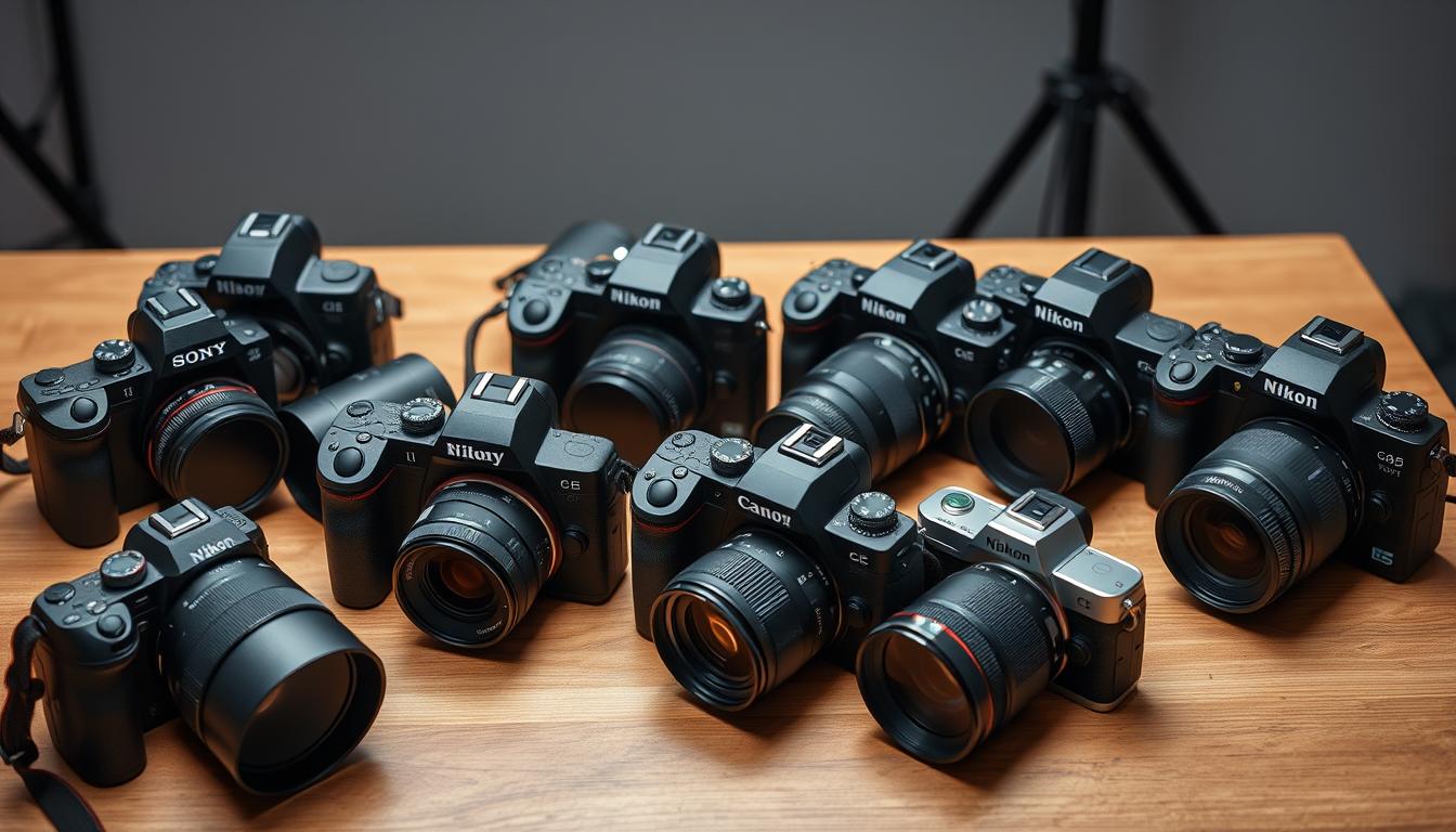 Várias câmeras fotográficas profissionais em exposição, mostrando as melhores câmeras fotográficas profissionais que vale a pena comprar