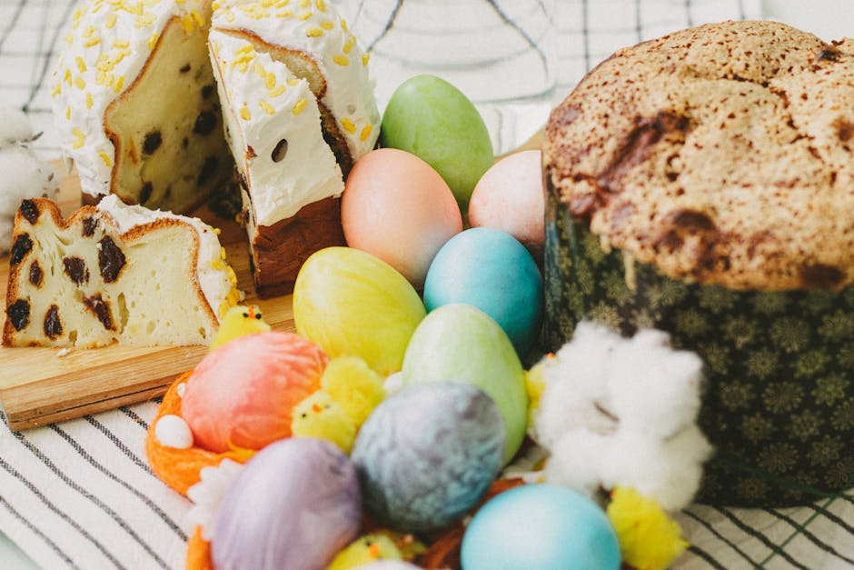 Festive Easter bread with colorful eggs and decorations, perfect for holiday celebrations.