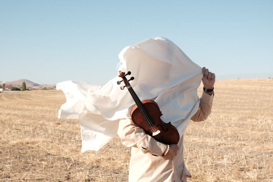 A person with a violin standing in a rural field, obscured by a flowing white fabric.